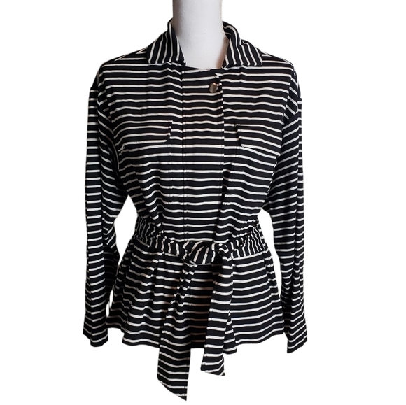 Chicos Black White Striped Jacket Size 0 US 4 SMALL Full Zip Belted Lightweight - Picture 1 of 14